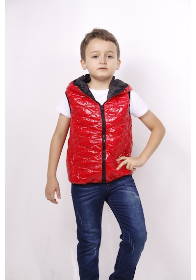 Toontoy Kids Toontoy Erkek Çocuk Kapşonlu Parlak Yelek Kırmızı