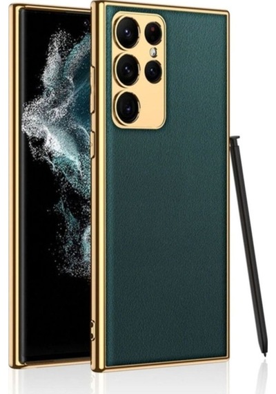 Galaxy S23 Ultra Kılıf Deri Görünümlü Kenarları Elektroplating Kaplama Zore Fizyon Kapak Koyu Yeşil