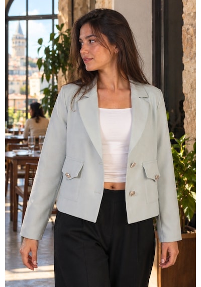 Armonika Kadın Mint Erkek Yaka Kare Cepli Crop Ceket Arm-26k001026