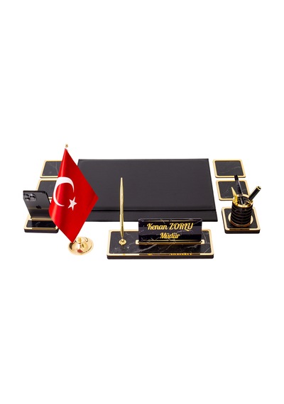 Star Bayraklı Mermer Desenli Ahşap Sümen Takımı Deri Sümen Seti Masa İsimliği