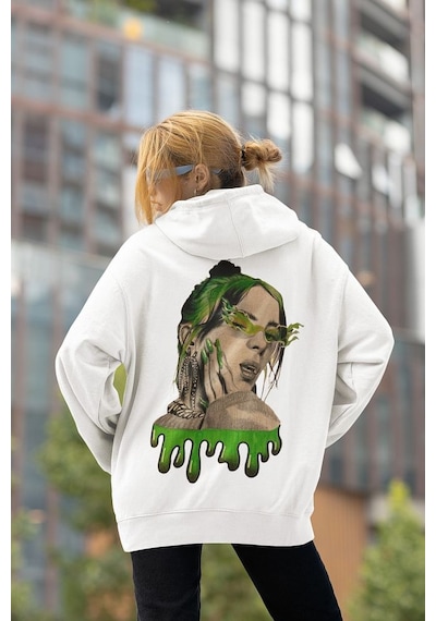 Sevbano Tasarım Billie Eilish Baskılı Unisex Oversize Tasarım Şarkıcı Hoo Beyaz