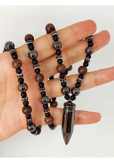 Hematit - Lav Taşı & Venge Ağacı Tasarım Unisex Kolye 44350