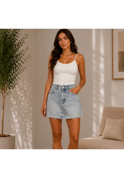 Taş İşlemeli Denim Kot Etek Siyah