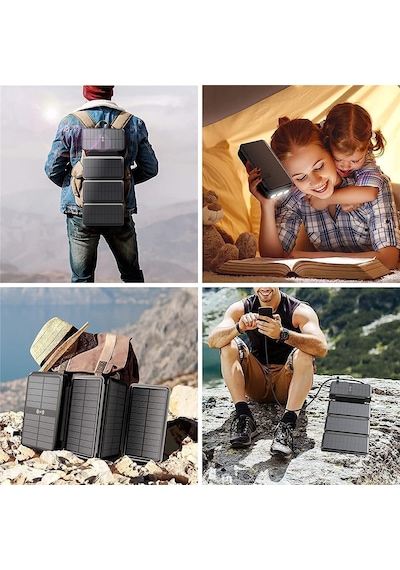 20000mah Solar Powerbank - Katlanabilir 4 Panel, Darbeye Dayanıklı Kasa Ve Fenerli Kamp Şarj Aleti Siyah Turuncu
