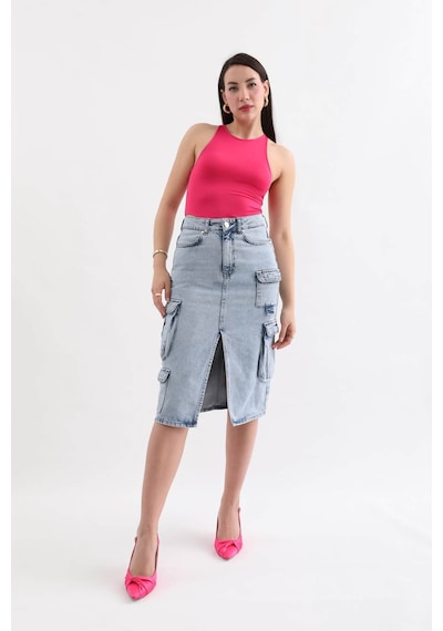 Banny Jeans Kadın Kargo Cepli Önden Yırtmaçlı Jean Etek Buz Mavi 001