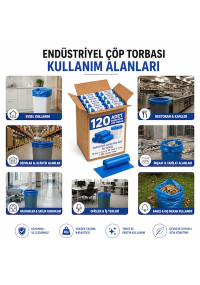 Endüstriyel Çöp Torbası Jumbo Boy 80x110 Cm 400 Gr 12 Rulo 120 Adet Mavi Çöp Poşeti