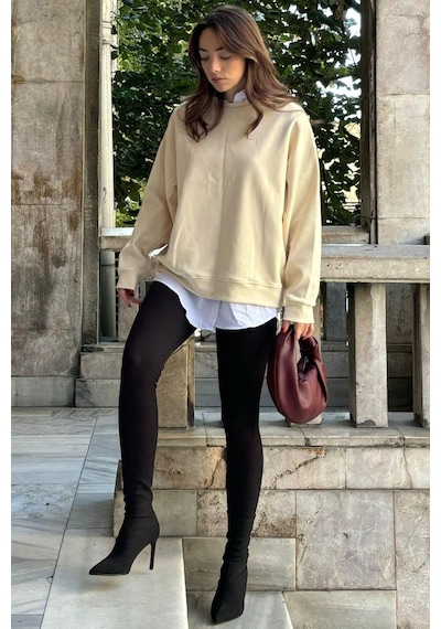 Bej Bisiklet Yaka Basic Sweatshirt Mg2185