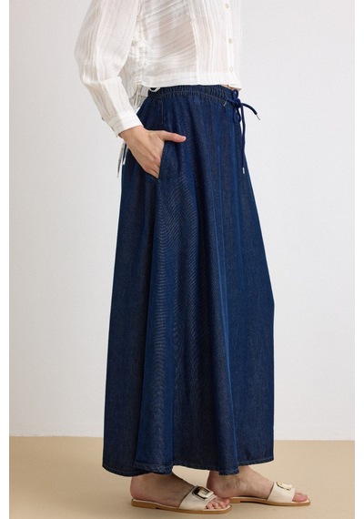 Olcay Beli Lastikli Soft Denim Etek Lacivert 7068