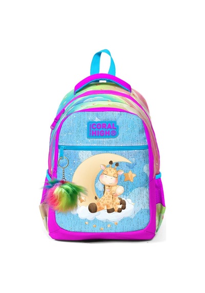Coral High Kids Mavi Pembe Zürafa Desenli Üç Bölmeli Okul Sırt Çantası 23479