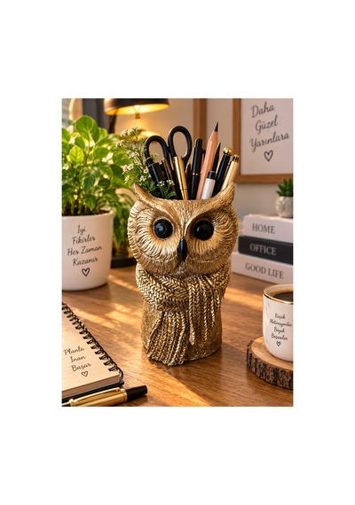 Dekoratif Baykuş Kalemlik Ve Saksı Şık Masaüstü Organizer 20x10 Cm Altın