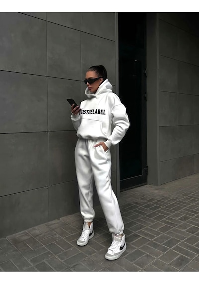 Mood The Label Kışlık Eşofman Takımı - Beyaz Baskılı Kapüşonlu Oversize Şardonlu Beyaz