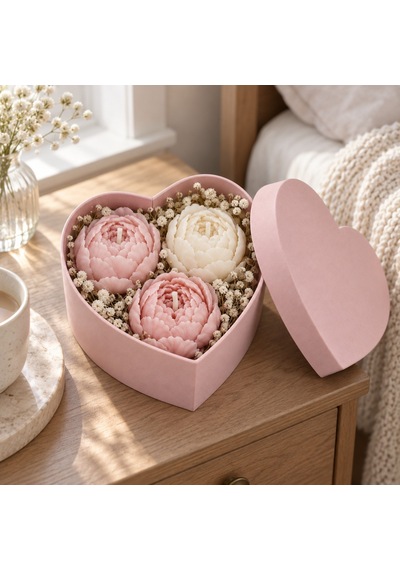 Kalp Kutuda Mini Şakayık Mum Buketi Pembe