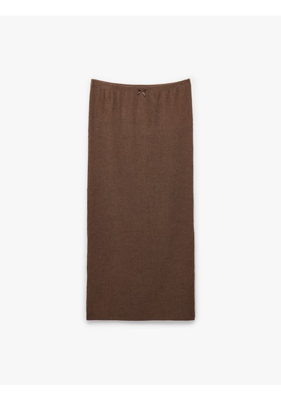Koton Bürümcük Kumaş Slim Fit Fiyonk Detaylı Midi Etek Kahverengi 6sak10209ek