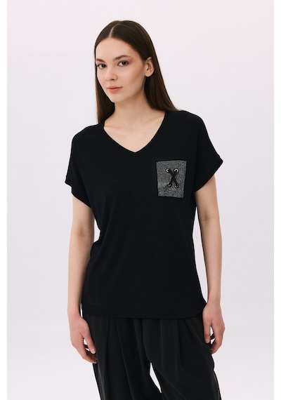 Daido Kadın V Yaka Düşük Kollu Penye T-shirt 6226 Siyah