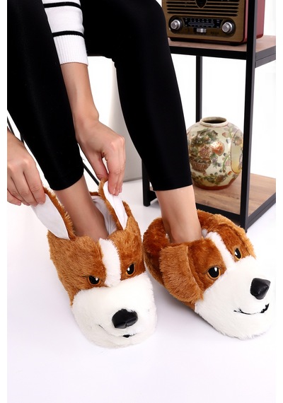 Wordex Hayvanlı H10 Köpekli Kışlık Kadın Erkek Çocuk Panduf Ev Içi Sessiz Taban Panduf Taba