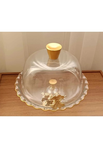 Çnr Home Collection Gold Metal Ayakli Cam Kapakli Kek Pasta Standi Fanus Gri