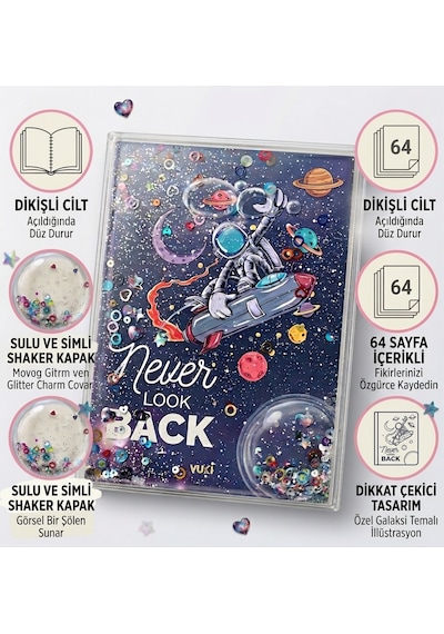 Astronot Temalı 64 Sayfa Simli Sulu Kapaklı A5 Defter Çizgili Çizgisiz Kareli Noktalı Spiralsiz Defter Çok Renkli