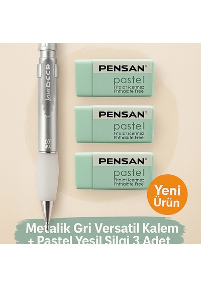 Metalik Gri 0.7 Versatil Kalem + Pastel Yeşil Silgi 3'lü Set Metalik Gri