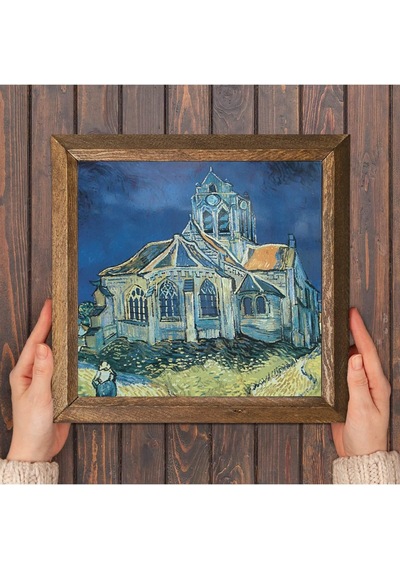 Pinecone Vincent Van Gogh Auvers'deki Kilise Taş Duvar Tablosu - Ahşap Çerçeveli Taş Tablo - 25x25 Cm - Dekoratif Duvar Sanatı - Modern Ev Ve Ofis Duvar Dekoru W1-289
