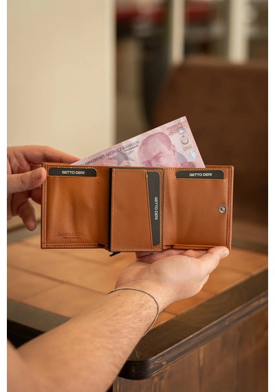 Getto Deri Prag Kişiye Özel İsim Baskılı Mekanizmalı Hakiki Deri Cüzdan Prada Taba