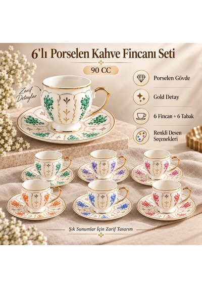 6'li Porselen Türk Kahvesi Fincan Seti 90 Cc, Tabaklı Renkli Desenli Diğer
