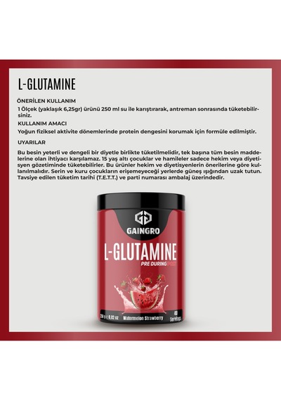 L-glutamine Karpuz - Çilek Aromalı Toparlanma Recovery Destekleyici - 250 Gr 40 Servis Çilek - Karpuz