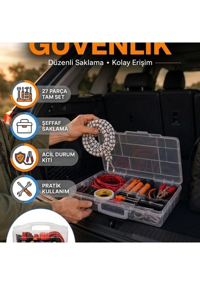 27 Parça Araç Güvenlik Ve Bakım Ekipman Seti Şeffaf Taşıma Kutulu