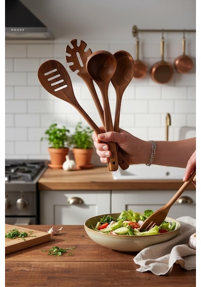 Ayrex Ceviz Ağacı Doğu Cevizi 5 Parça Pro Luks Tahta Kaşık, Spatula Ahşap Mutfak Seti