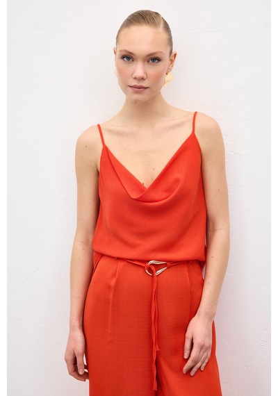 Sateen Degaje Yaka Dökümlü Bluz - Oranj-136692 Oranj