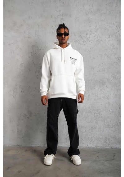 Mbb E-ticaret Erkek 98 Baskılı Kapşonlu 3 İplik Pamuklu Sweatshirt Hoodie - Beyaz