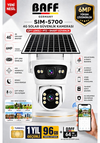 SIM-5700 6MP 4G SIM Kartlı Solar Güvenlik Kamerası Çift Lens PTZ Renkli Gece Görüşlü + 96GB SIM Kart ve 64GB Hafıza Kartı Dahil