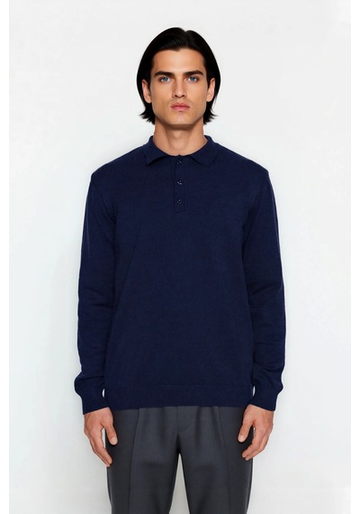 Ersefa Erkek Smart Casual Polo Yaka Düz Triko Kazak Kış Kombinlerine Mod Lacivert