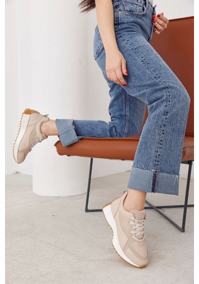 Sara Bej Hakiki Deri Bağcıklı Kadın Sneaker-Bej