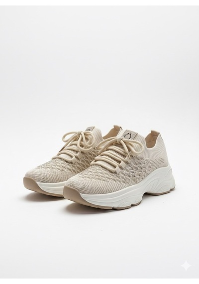 Voyager Taşlı Bağcıklı Triko Kalın Taban Kadın Sneaker Ayakkabı B064 Bej