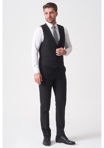 White Stone Campinas Ty2494 Slim Fit 6 Drop Düz Yelekli Takım Elbise Siyah Siyah