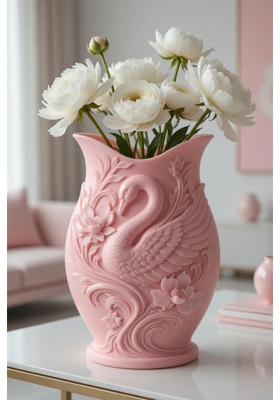 Kuğu Desenli Dekoratif Vazo 15 Cm 3d Baskılı Mat Dokulu Şık Masa Ve Raf Dekoru Pembe