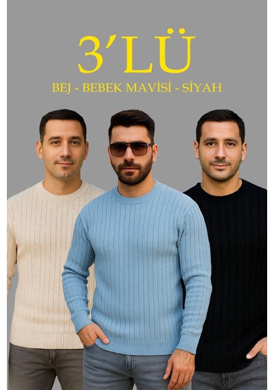 Barlashive Erkek Fitilli Triko Bisiklet Yaka Kalın Kazak 3'lü Set Bej-bebek Mavisi-siyah Çok Renkli