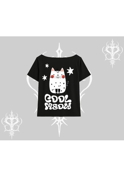 Tarzsokak Cool Meow Yazılı Sevimli Kedi Arka Baskılı Kayık Yaka Tshirt Siyah Tarzsokak Cool Meow Yazılı Sevimli Kedi Arka Baskılı Kayık Yaka Tshirt Siyah