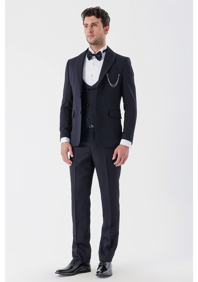 İmza Koyu Lacivert Desenli Armürlü Çıkarılabilir Şal Yaka Kruvaze 6 Drop Slim Fit Smokin Damatlık Takım 1001230214-Koyu Lacivert