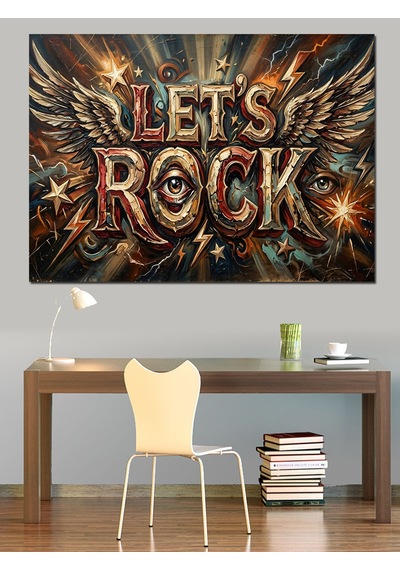Kanatlı Let's Rock Müzik Yazısı Dekoratif Kanvas - Mdf Ahşap Tablo