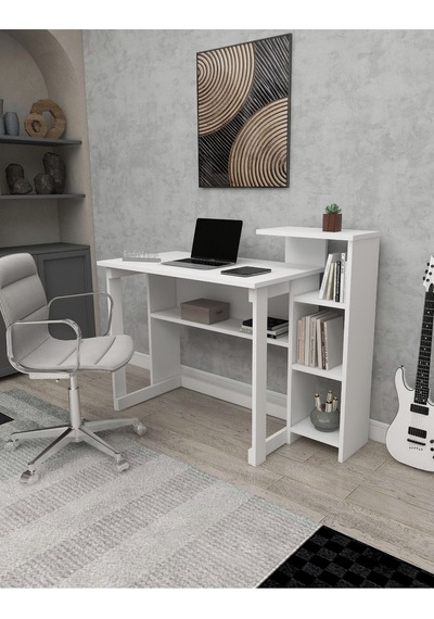 Enda Home Saye 5 Raflı Kitaplıklı Çalışma Masası Beyaz