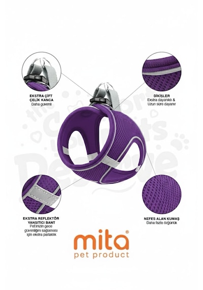 Mita Air Mesh 2'lı Bundle Set Kedı Köpek Göğüs Tasması + Köpek Gezdirme Tasması/kayışı Mor / M Mor