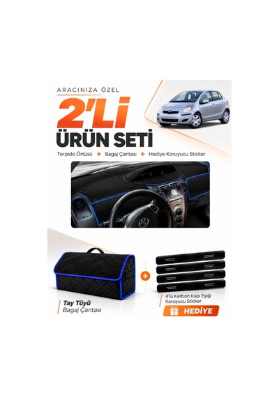 Toyota Yaris 2005-2013 Uyumlu Torpido Örtüsü + Tay Tüyü Bagaj Çantası + Sticker Seti - Siyah Mavi