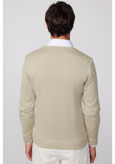 Tudors Slim Fit V Yaka Pamuklu Taş Rengi Erkek Kazak-25877-taş Taş