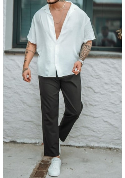 Tarz Cool Erkek Krep Kumaş Oversize Gömlek Beyaz