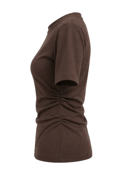 Mixray 2095 Kadın Büzgü Detaylı Arkası Yırtmaçlı Basic T-shirt Kahve Kahverengi