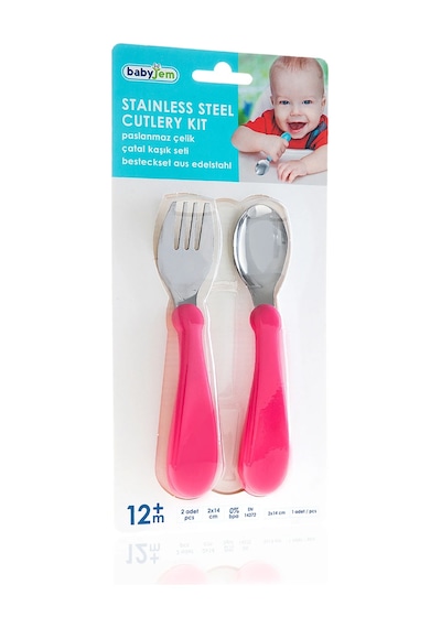 Babyjem Paslanmaz Çelik Çatal Kaşık Seti 522 Pembe Pembe