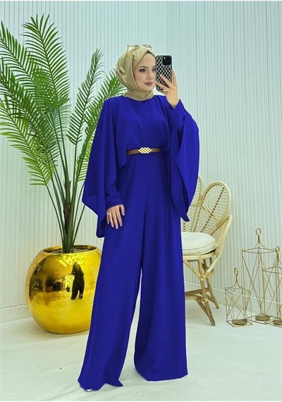 Neşeli Butik Kadın Pelerinli Kemer Detaylı Tesettür Tulum Nms061 Saks