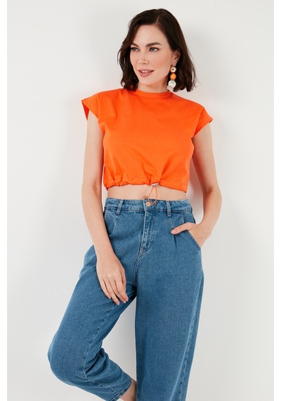 Lela Bisiklet Yaka % 100 Pamuk Crop Bayan T Shirt 5865587 Oranj