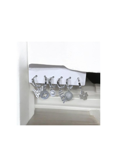 Kadın Çelik Luck Detaylı 6 Adet Küpe Set Gümüş Renk Çelik